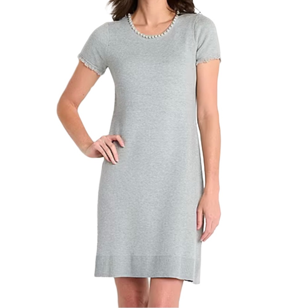 Sandra Darren NWT Gray Fringe Short Sleeve Pearl Sweater Dress